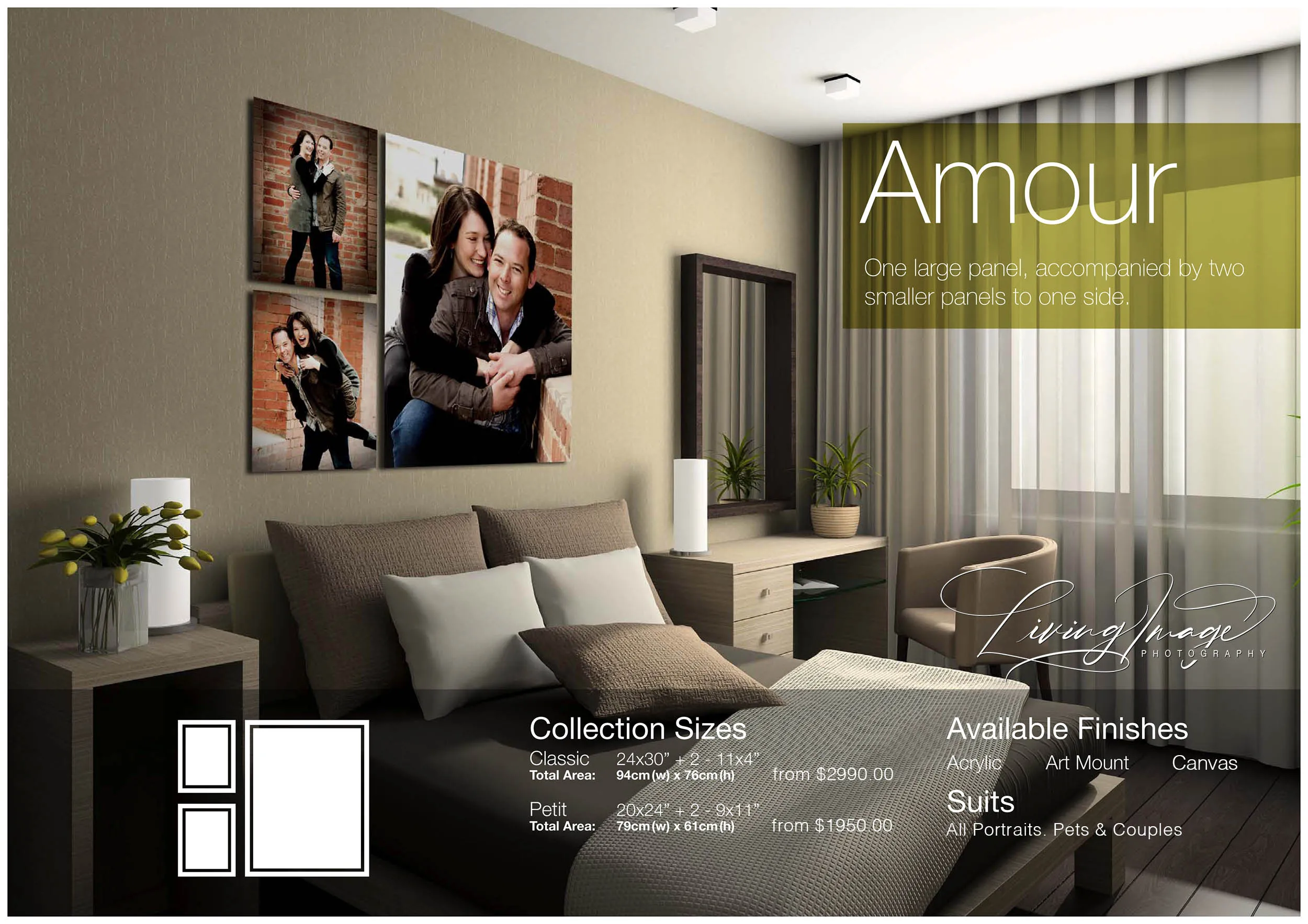 A large couple portrait with two smaller companion portraits displayed in a neutral bedroom