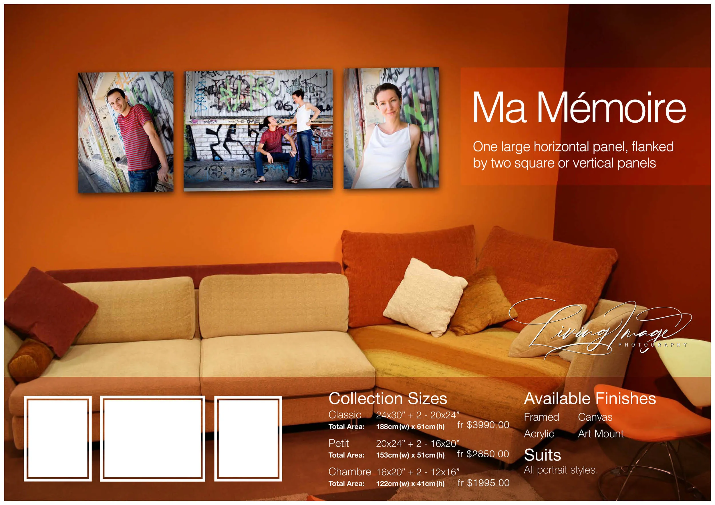 A horizontal couple portrait flanked by two vertical portraits in an orange drawing room