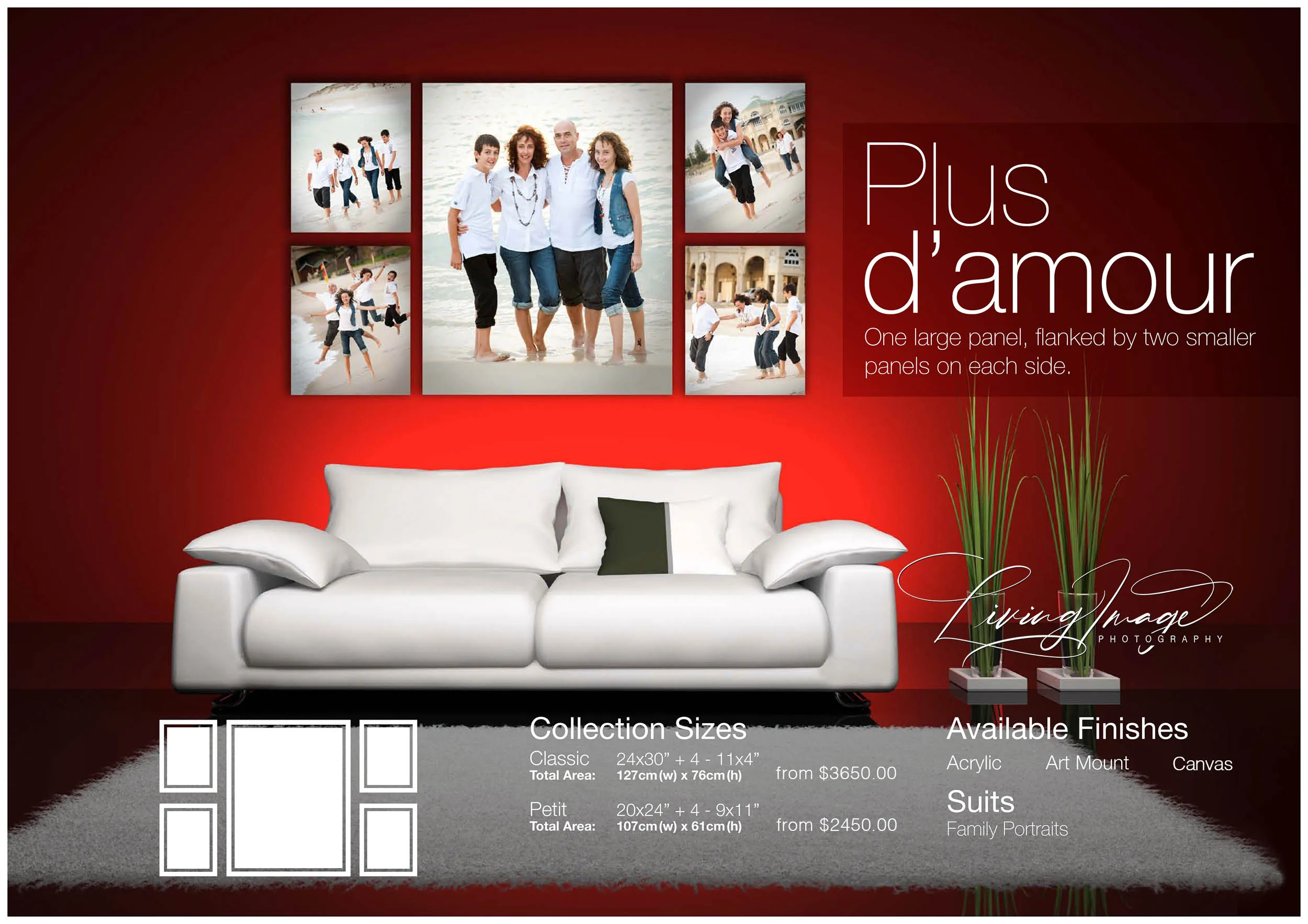A five-piece family portrait arrangement displayed above a white lounge on a deep red wall