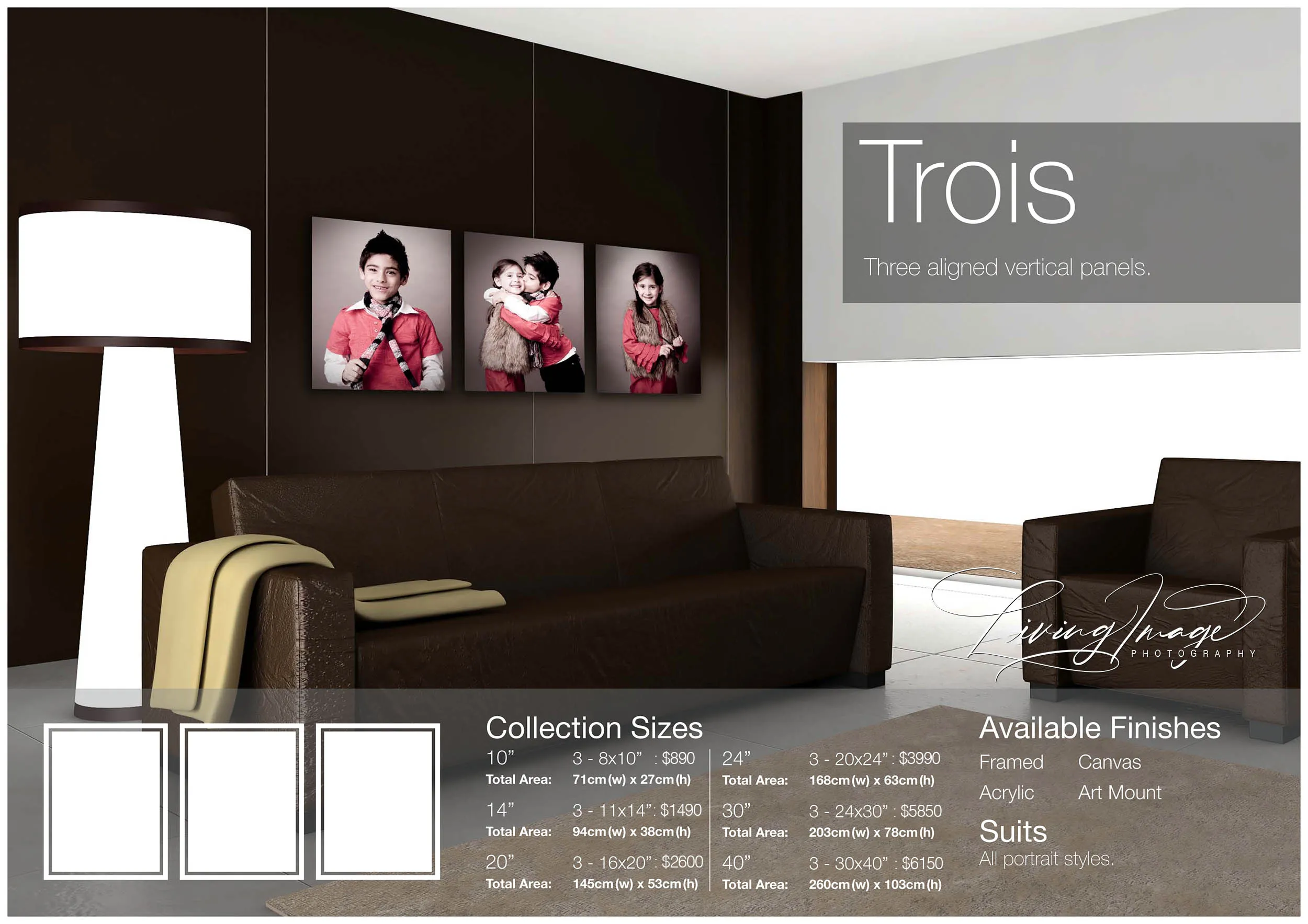 Three aligned vertical child portraits displayed above a dark lounge