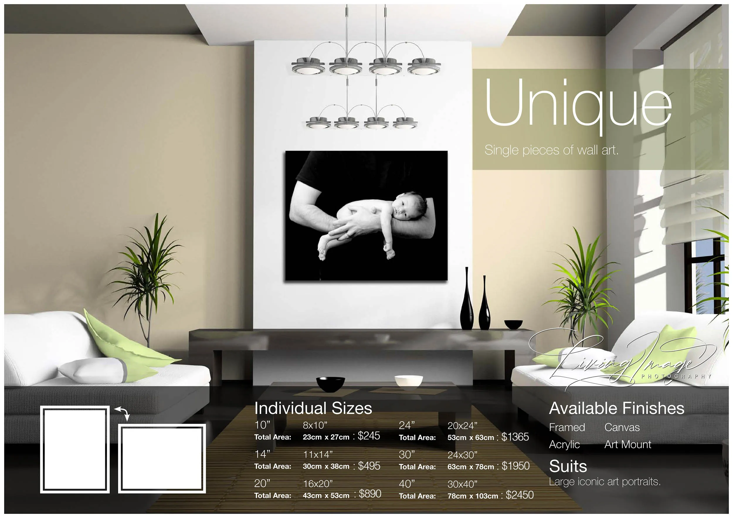 A single black and white newborn portrait displayed as large wall art in a living room